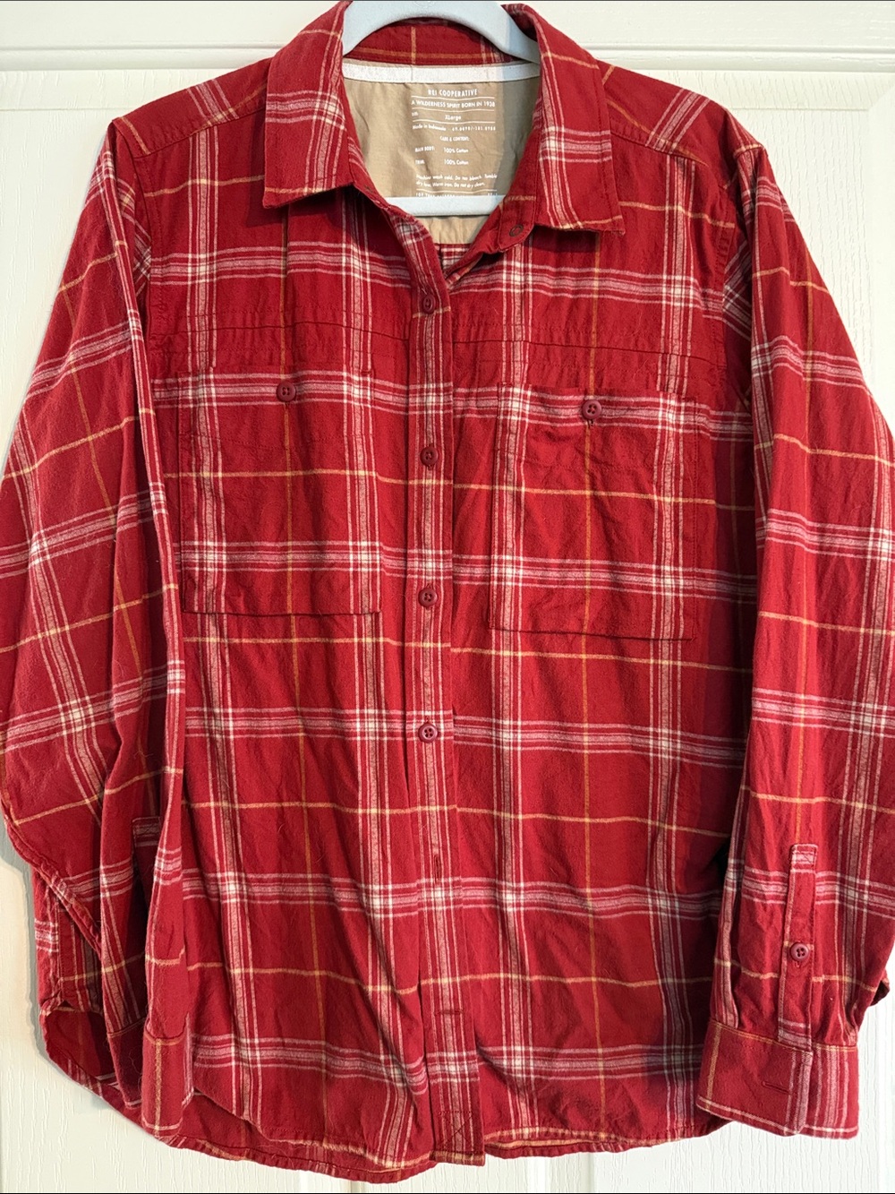 REI Red Cotton Flannel Plaid Button-Down Shirt